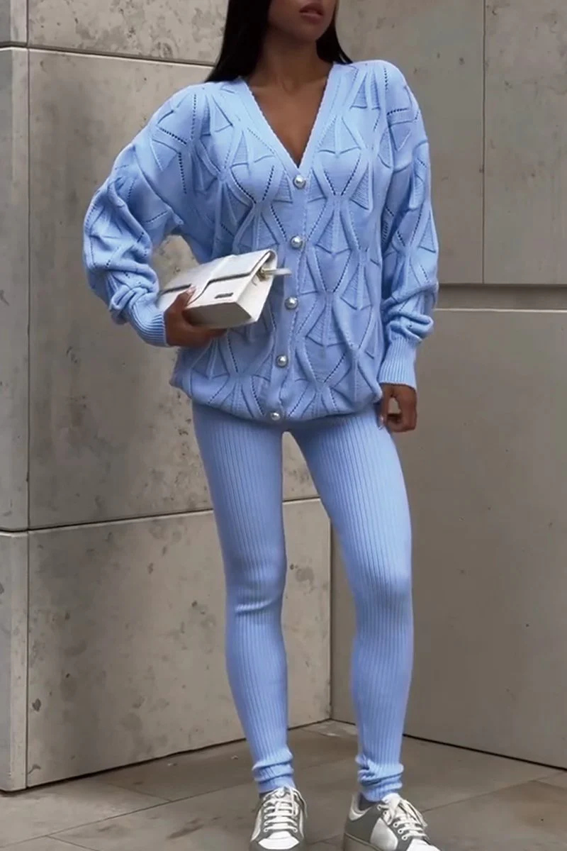 Women's Solid Color Knitted Cardigan Ribbed Pants Set