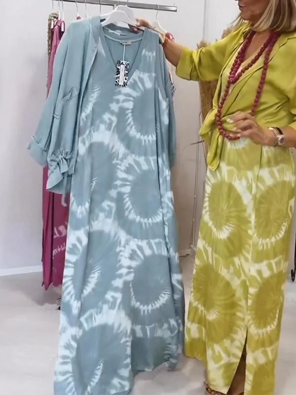 Women's Casual V-neck Sleeveless Dress with Cardigan Two-piece Suit